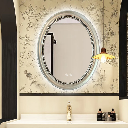 复古智能浴室镜家用法式椭圆卫浴镜装饰壁挂墙中古风卫生间梳妆镜