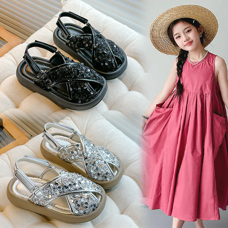 女童凉鞋包头亮片公主风小女孩凉拖鞋2025夏季新款儿童休闲沙滩鞋