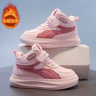 儿童加绒运动鞋2025新款冬季保暖女童二棉鞋皮面防水小中童跑步鞋