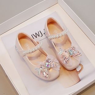 女童小皮鞋春秋季新款女孩演出配礼服公主鞋水钻蝴蝶结女宝宝单鞋