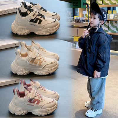 秋冬新款皮面防水儿童白色运动鞋