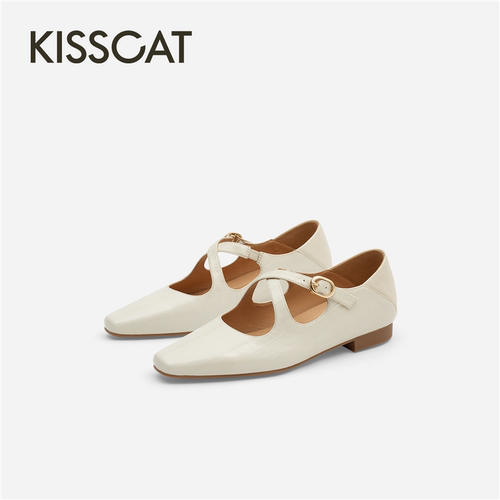 KISSCAT接吻猫2026秋新品复古两穿鳗鱼纹玛丽珍浅口鞋K76513A-10