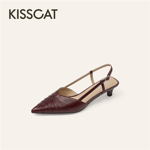 KISSCAT接吻猫2026夏新款单鞋抽褶后空猫跟时装凉鞋女K76384A-10