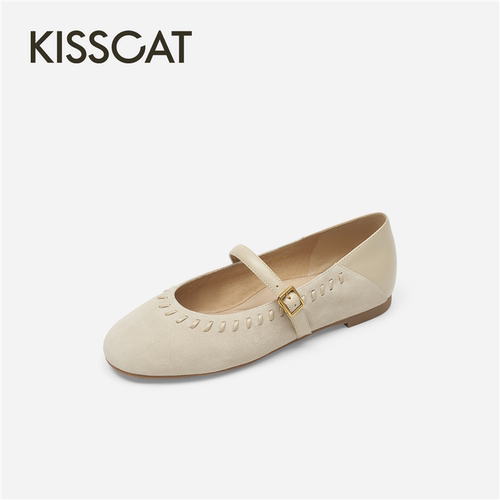 KISSCAT接吻猫2026夏新款玛丽珍圆头编织软底芭蕾鞋K76308A-52