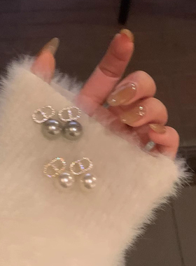 白色珍珠耳环女高级感气质轻奢百搭耳饰真多麻灰色耳钉耳夹无耳洞