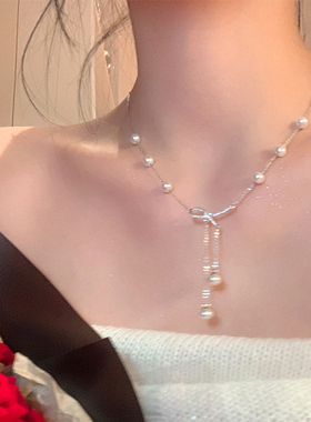 蝴蝶结闪钻项链女珍珠流苏锁骨链