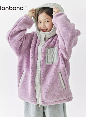 女童秋冬外套羊羔绒紫色加绒加厚棉衣外套可爱风连帽秋冬摇粒绒款
