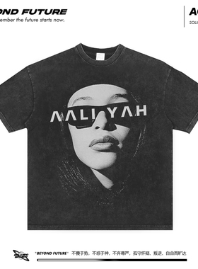 AAliyah复古宽松水洗做旧男女中性短袖T恤oversize嘻哈说唱上衣