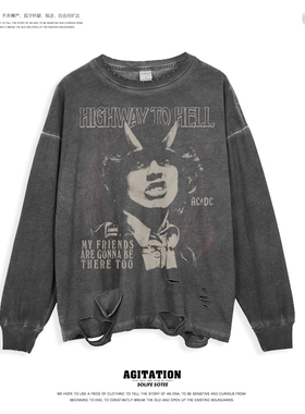 秋冬新款打底长袖摇滚乐队宽松复古破洞水洗男女oversize上衣acdc