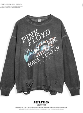 宽松直喷水洗复古做旧oversize秋男女长袖PinkFloyd平克弗洛伊德