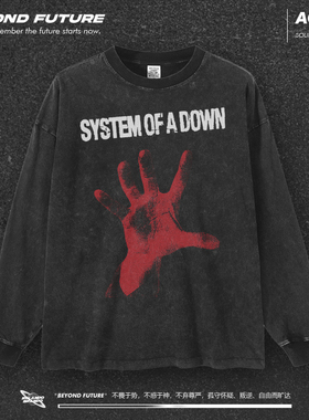 System Of A Down秋冬长袖宽松水洗做旧复古潮牌打底摇滚上衣