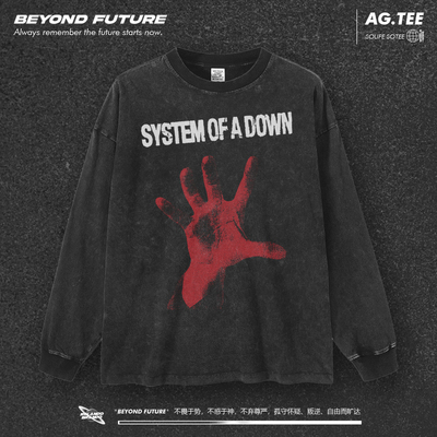 System Of A Down秋冬长袖宽松水洗做旧复古潮牌打底摇滚上衣