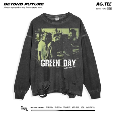 落肩长袖oversize水洗做旧