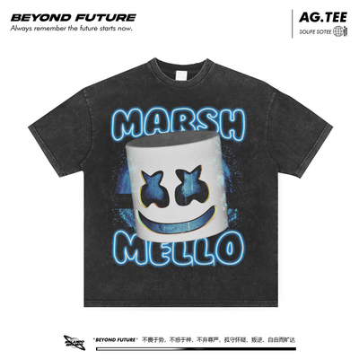 marshmello音乐DJ嘻哈美式重磅复古做旧男女中性短袖T恤潮牌打底