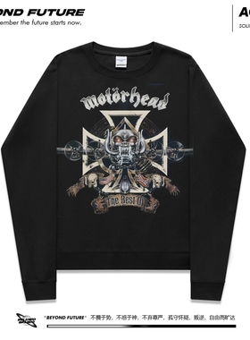 Motorhead黑色直喷摇滚无帽卫衣套头长袖新款宽松休闲上衣男女潮