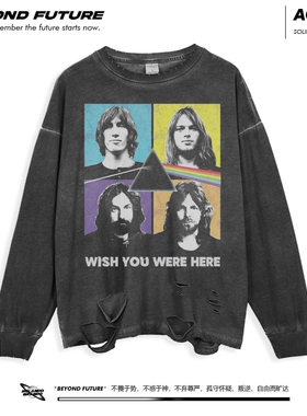 pinkfloyd美式高街水洗做旧中性男女打底长袖上衣潮牌新款纯棉