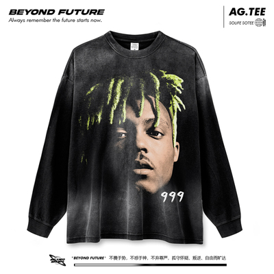 juicewrld水洗做旧美式高街复古宽松大码嘻哈说唱男女中性上衣新