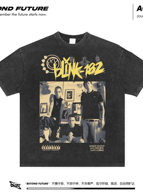 blink182水洗做旧复古美式高街头宽松中性男女短袖T恤落肩打底ins