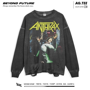 anthrax美式高街复古破洞水洗高街潮牌打底长袖T恤摇滚印花上衣