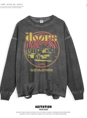 the doors大门欧美摇滚高街美式水洗做旧复古打底长袖T恤男女新款