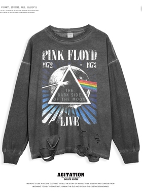 高街欧美复古水洗oversize宽松潮牌破洞长袖上PinkFloyd弗洛伊德