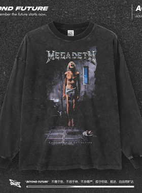 Megadeth重金属水洗做旧复古男女中性宽松水洗潮牌打底摇滚上衣