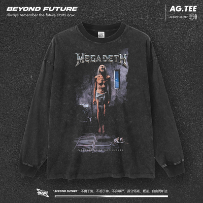 Megadeth重金属水洗做旧复古男女中性宽松水洗潮牌打底摇滚上衣