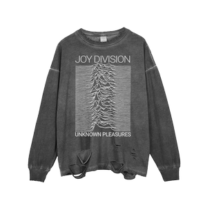 欧美式街头复古破洞长袖新款打底oversizeT恤快乐分裂JoyDivision