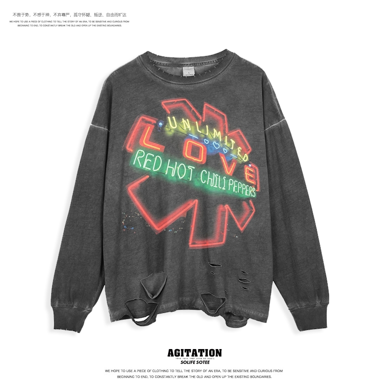 长袖潮青少年破洞复古水洗