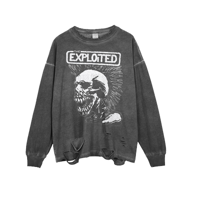 朋克破洞丧系水洗做旧长袖T恤