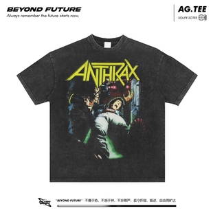 炭疽乐队Anthrax金属摇滚复古美式短袖高街宽松水洗做旧oversizeT
