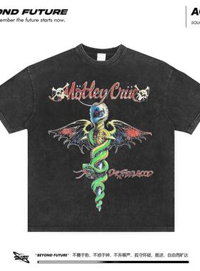 motley crue百搭嘻哈做旧男女摇滚乐队水洗复古中性短袖T恤宽松