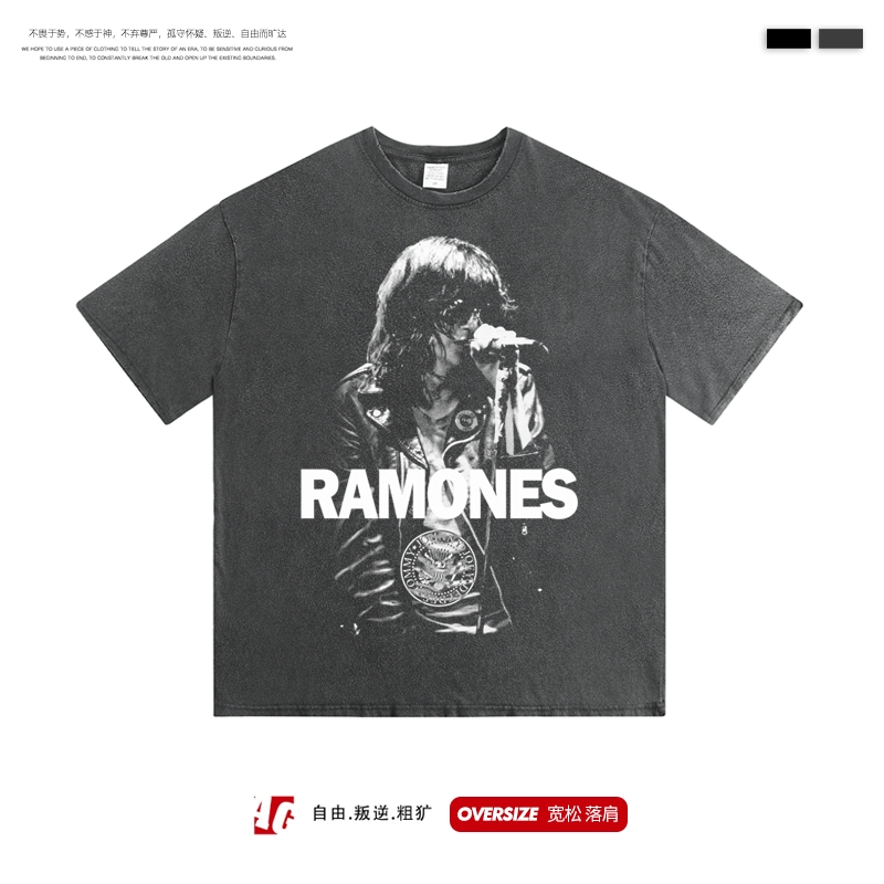 水洗复古做旧深灰色落肩男女短袖