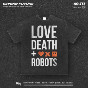 爱死机oversize水洗做旧落肩男女中性短袖T恤美式复古潮牌上衣