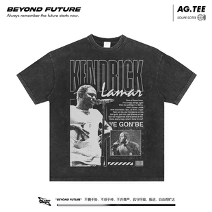 Kendrick Lamar美式宽松复古休闲水洗做旧oversize中性短袖T恤