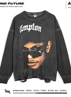 eazy-e嘻哈说唱水洗做旧复古宽松破洞美式高街男女中性打底秋长袖