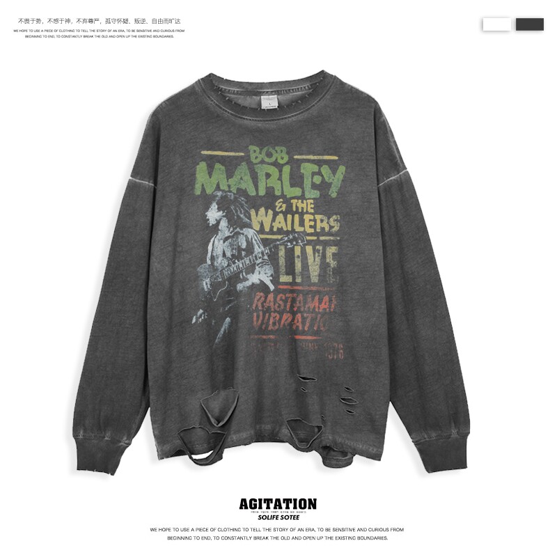 雷鬼鲍勃马利bob marley复古破洞长袖高街oversize宽松灰色上衣服