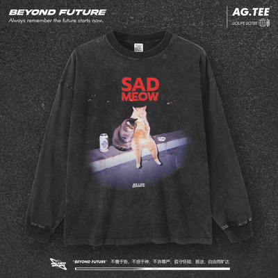 悲伤的猫长袖T恤宽松中性大码水洗做旧oversize男女上衣