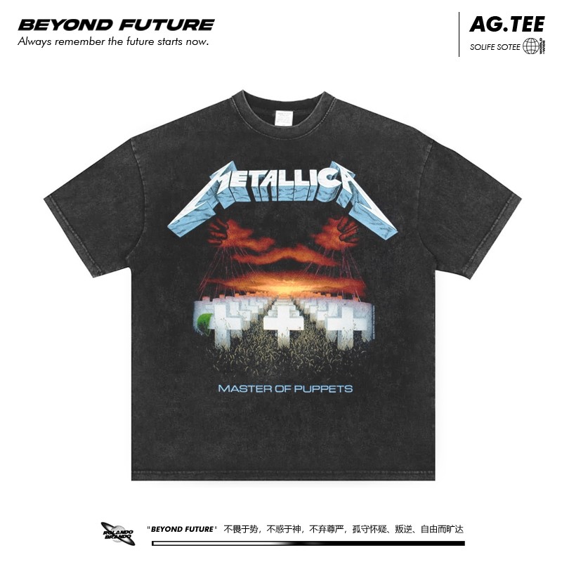 thumbnail for metallica rock wash aged american high street dropped shoulder loose men's and women's unisex short sleeve t-shirts trendy brand tops
