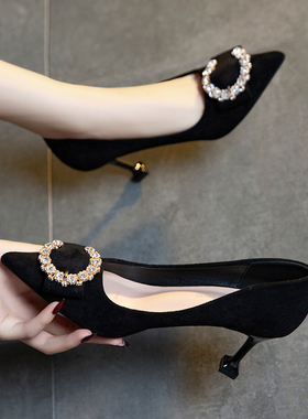 小码高跟鞋女2024新款秋冬细跟设计感气质名媛鞋百搭小众妈妈单鞋