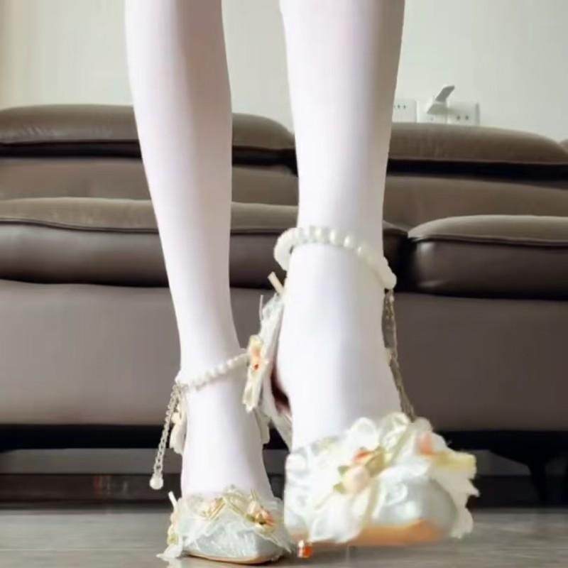 成人礼优雅气质尖头高跟鞋女珍珠链条单鞋花朵水晶婚鞋新娘鞋两穿,女鞋,浅口单鞋,淘宝优惠券,粉丝福利购,淘宝优惠卷