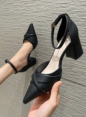 粗跟现货尖头黑色低帮中空凉鞋高跟鞋跨境速卖通性感镂空