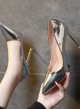 细跟高跟鞋女2025年新款春秋银色气质网红职业设计感小众单鞋子