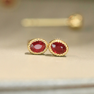 宝创集18k黄金0.30克拉天然红宝石耳钉椭圆形日常百搭款 真金真钻