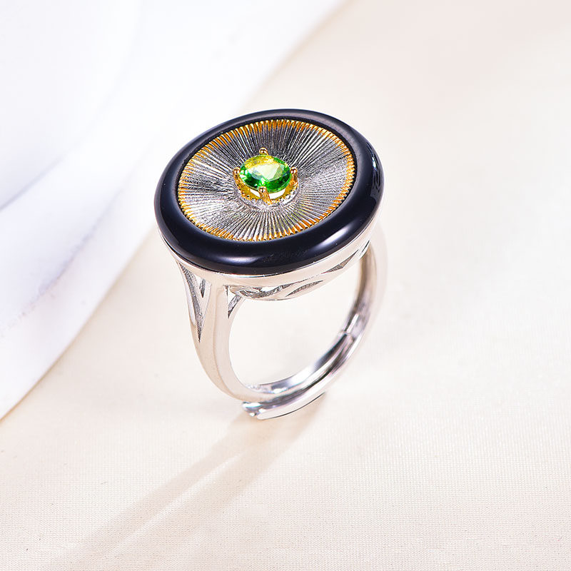 宝创集18K金镶天然沙弗莱黑玛瑙拉丝工艺戒指吊坠手链套装