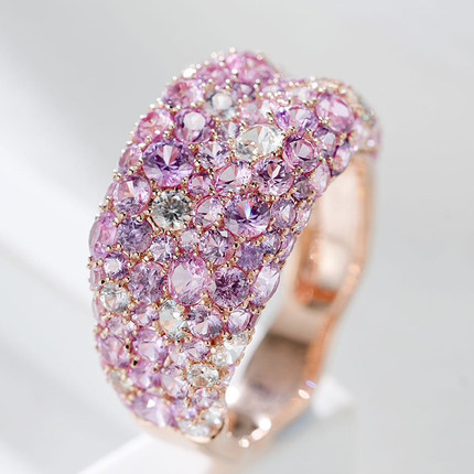 宝创集18K金镶嵌天然粉紫蓝宝石莫奈花海系列粉紫色花海戒指礼物