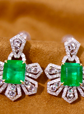 宝创集18K金镶4.85克拉天然祖母绿正方形耳钉轻奢CGRL大证书