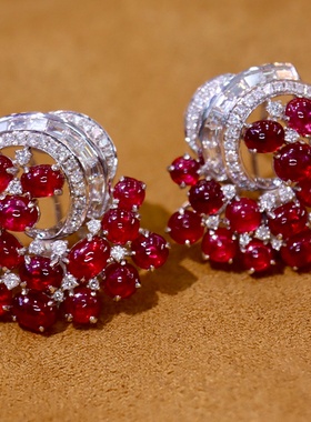 宝创集18K金约6.91克拉天然红宝石耳环耳扣经典简约大方真钻耳饰