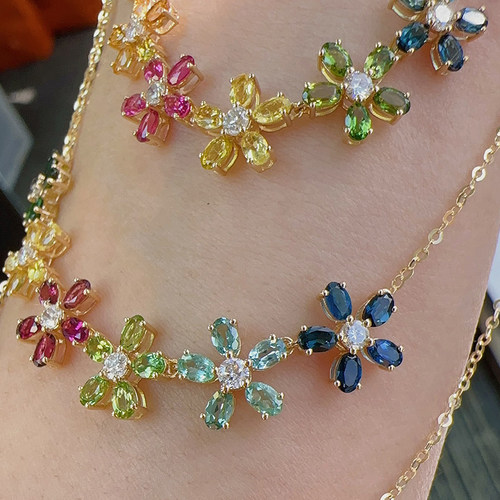宝创集18K金镶嵌约1.6克拉天然彩色宝石碧玺花朵项链手链彩色花朵
