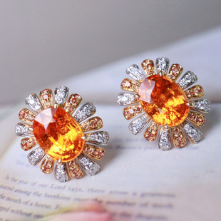 宝创集18K金3.55克拉天然芬达石耳钉真金真钻彩宝耳饰太阳花耳钉